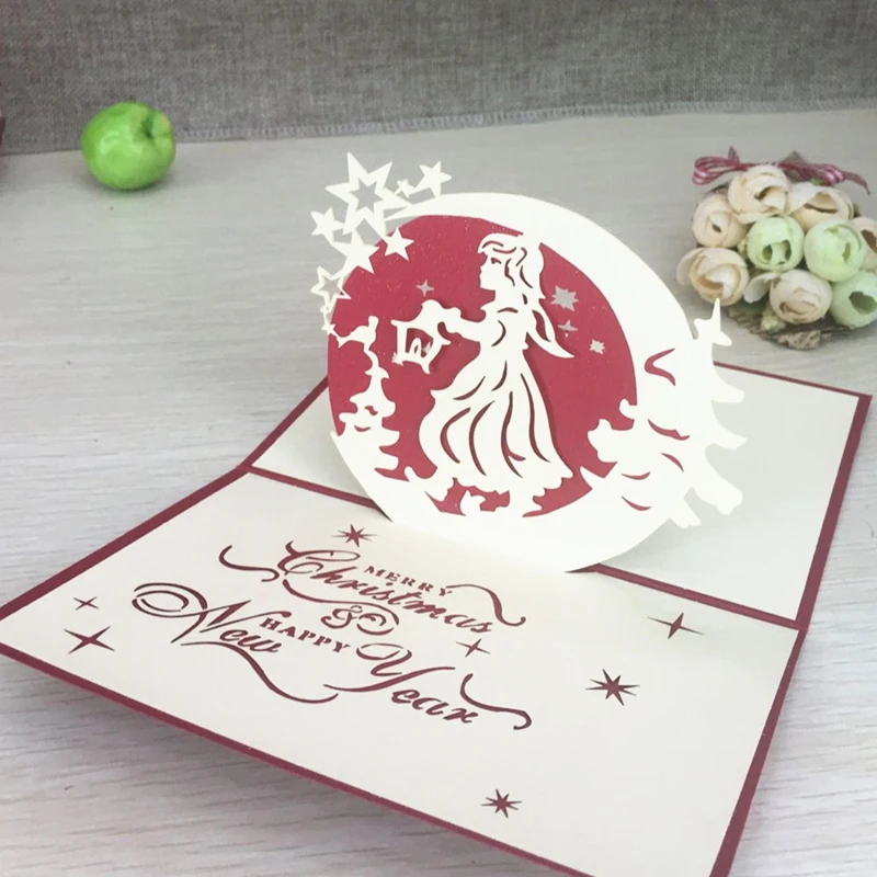 1pcs Christmas Girl 3D Laser Cut Greeting Pop Up Card Invitation Custom Postcards Christmas Thanksgiving Day Party Gifts (3)