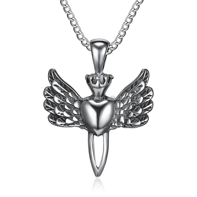 angle for,Anglebaby最美 steel solid heart angle wing crown pendants necklaces for men