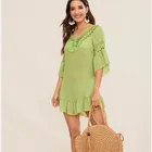 Best selling women clothing Ruffle trim tie back pompom crochet cover up dress