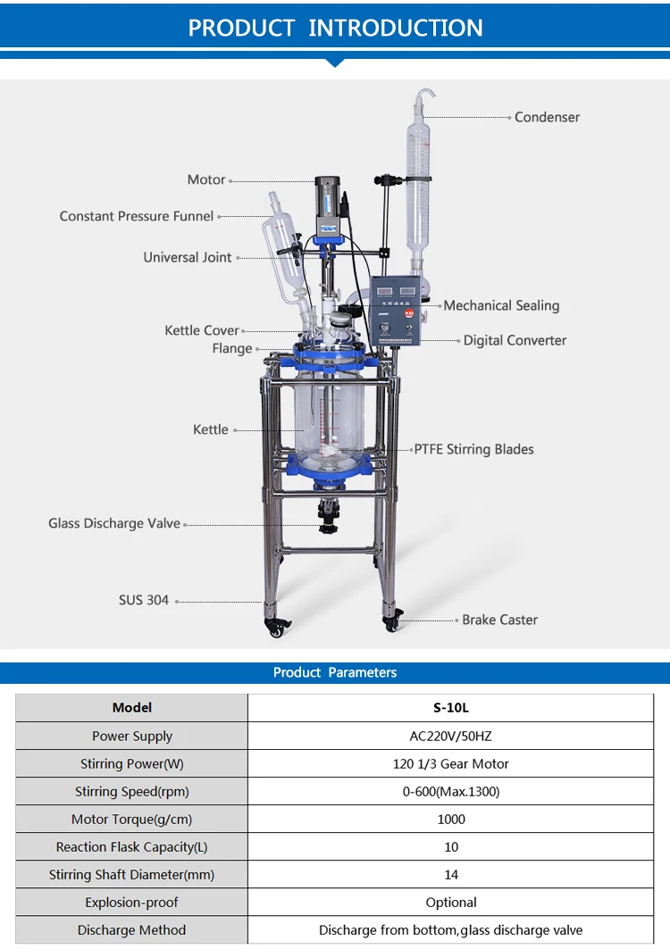 10 L Chemical Test Double Layer Glass Reactor for Lab