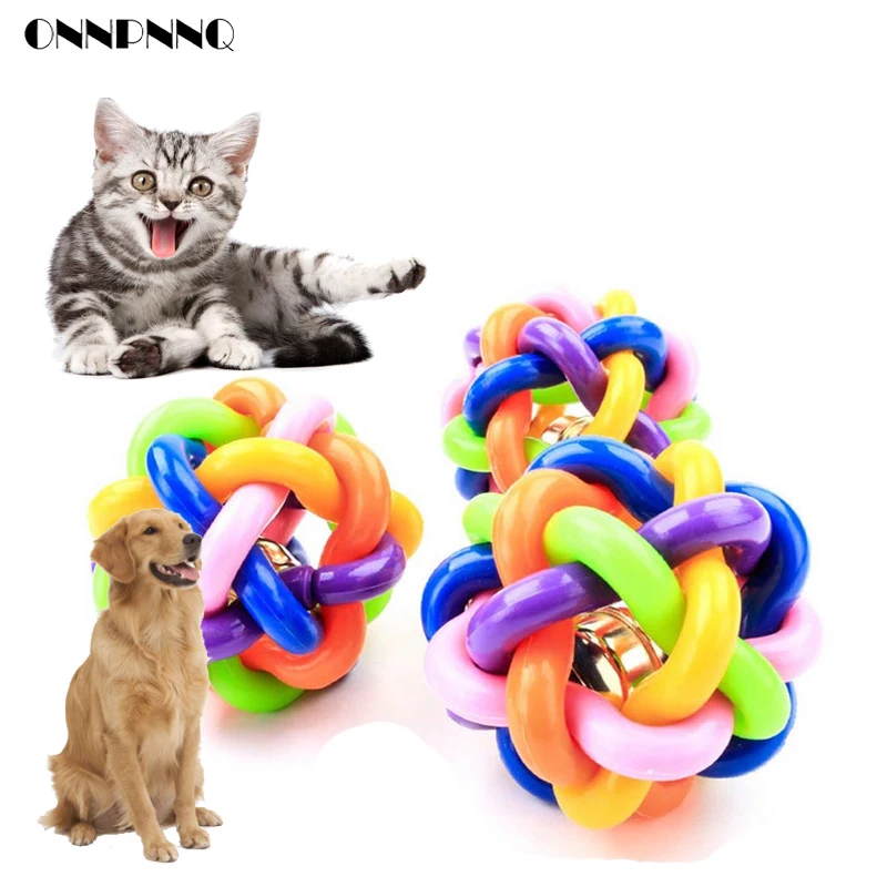 OnnPnnQ Colorful Dog Cat Food Toy Ball with Bell For Playing Squeak Sound Chew Funny Puppy Training Interactive Pet Supplies2