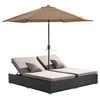 chaise lounger designed for 2 people with adjustable back and umbrella hole rattan sun bed