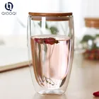 LFGB Certification Double wall glass coffee cup with bamboo lids