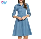 wholesale spring women clothing lady girl's fashion long sleeve turn-down collar denim casual Dress