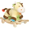 promotional customized white/brown baby plush rocking cow farm animal toy with wooden base&music