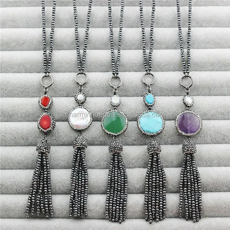 CH-JBN0129 handmade hematite bead necklace with pendants,fashion frewather pearl pendant necklace,wholesale necklace jewelry