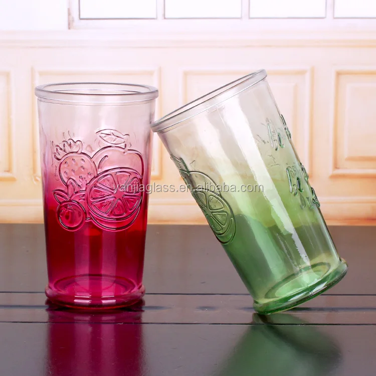 Fancy 650ml spray color embossed glass juice cup glass water cup
