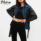 fashion womens denim jacket with pu leather sleeves