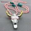 NM4312 Silver Plated Faceted Buffalo Head Gold Horn Finish Charm Necklace Resin And Pink Crystal Beads Handmade Long Necklace
