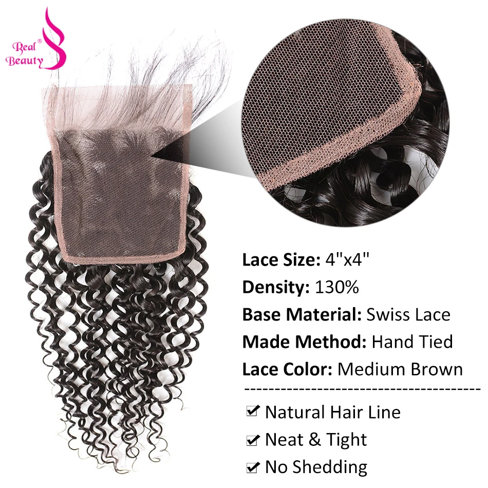 Real Beauty Curly Weave Hair 3 Bundles With Lace Closure Free Part 44 Remy Brazilian Human Hair Bundles With Baby Hair Closure (3)