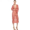bat sleeve Summer woman pink see through Cover Up White Mesh hollow out Lace Beach Maxi sexy beach party wear long split dress