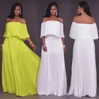 Sexy one word collar off-the-shoulder solid color chiffon dress gown evening long dress