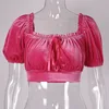 X66293A Sexy Pink Velvet Lace Up Crop Top Women Square Collar T-shirts
