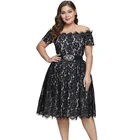 Fashion Women Black Short Sleeve Off-shoulder Lace Plus Size Dress