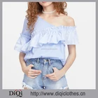 Latest Summer Designs Beautiful Fashion Tops Wholesale Asymmetric One Shoulder Short Sleeve Frill Trim Blue Striped Tops
