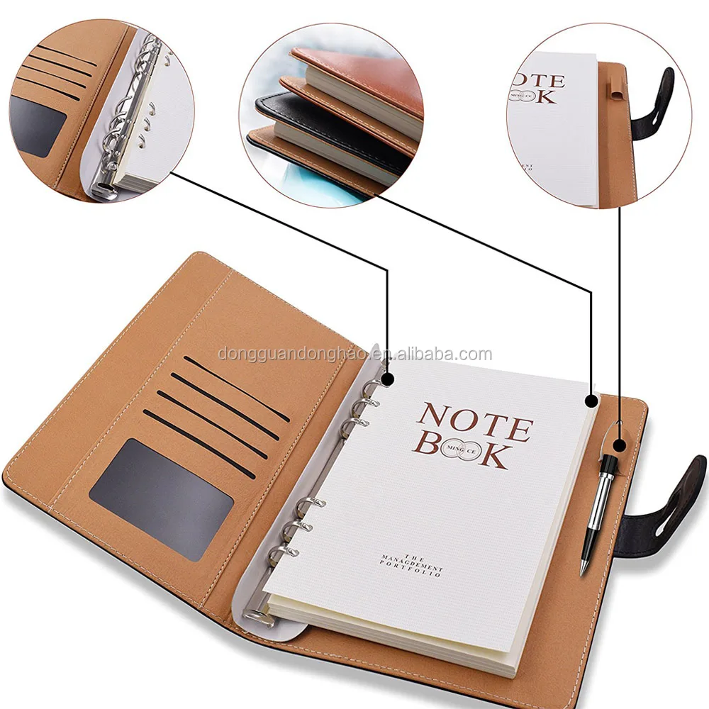 custom pu leather 6-ring binder business a5 notebook organizer
