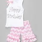 Hot sale customized baby girls pink birthday party wear tank top and chevron ruffle pants kids boutique clothing set