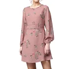 high quality wholesale custom Women Dusty Pink Floral Print Fit & Flare longsleeve shirts dress
