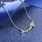 925 Sterling Silver Statement Women Jewelry,Cubic Zirconia 18k White Gold Plated Cute Bone Fish Necklace