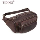 Tiding Vintage Men's Dark Brown Cowhide Leather Large capacity Waist Bag Travel Running Waist Belt Bag