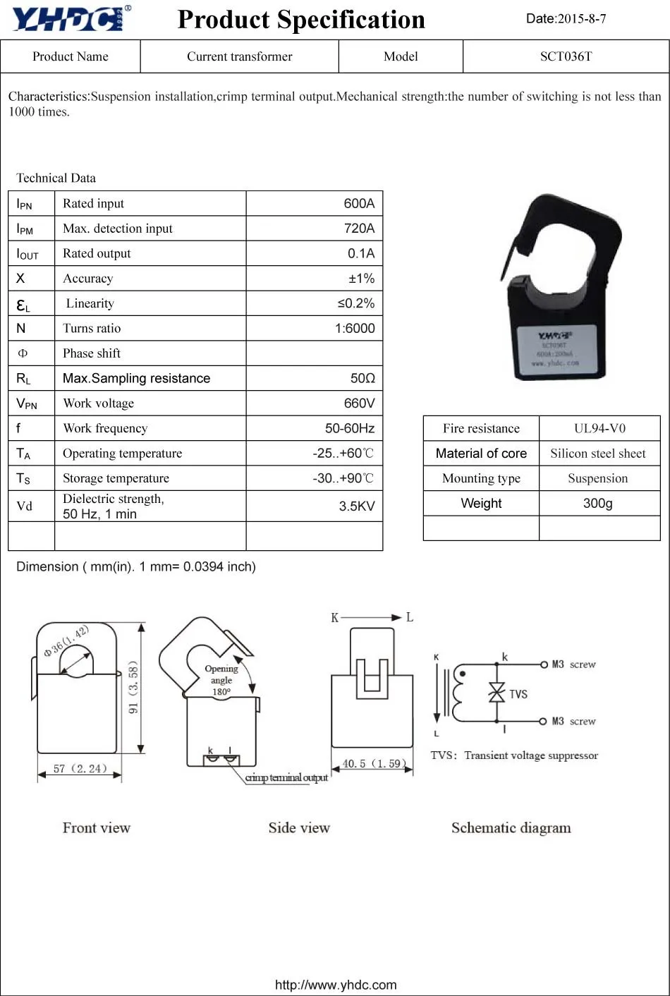 YHDC SCT036TS 600A/0.1A split core current transformer of current clamp