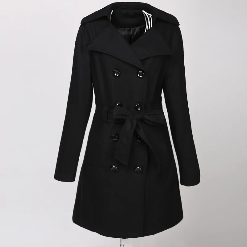 Winter Black Ladies Overcoats Wool Warm Classic Coat Double Breasted