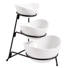 3 tier white snack ceramic serving bowl with metal rack