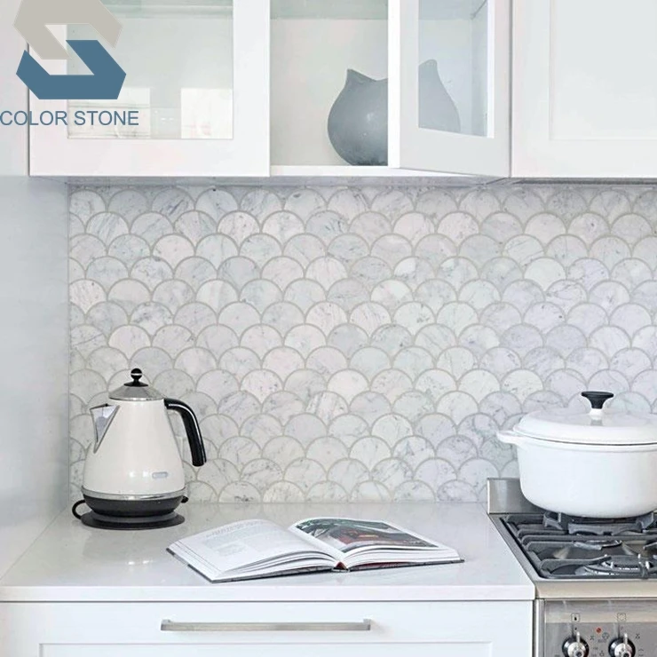 Carrara marble medium fish scale fan shaped mosaic tile backsplash