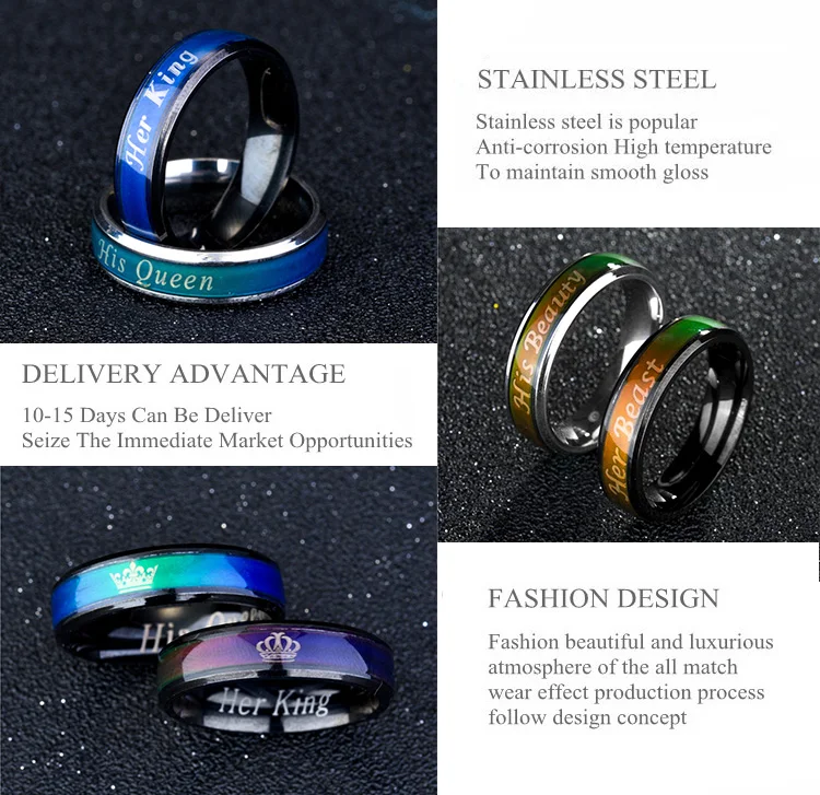 Fashion Couple Her King His Queen Temperature Changing Color Mood Band Ring