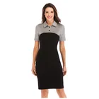 OEM Joint Contrast Color Short Sleeves Women Clothing Office Lady Turn Down Dress