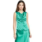 Casual summer sleeveless plain custom solid ruffles ladies satin blouse