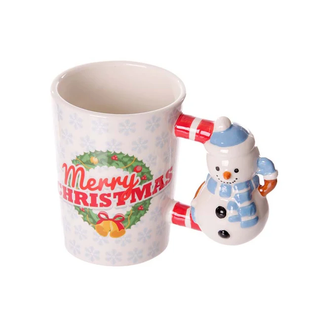 christmas ceramic mug with snowman shaped handle