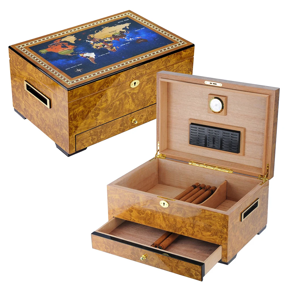 Hot Sale Map Inlaid Burl Wood Spanish Cedar Cigar Humidor Cabinet