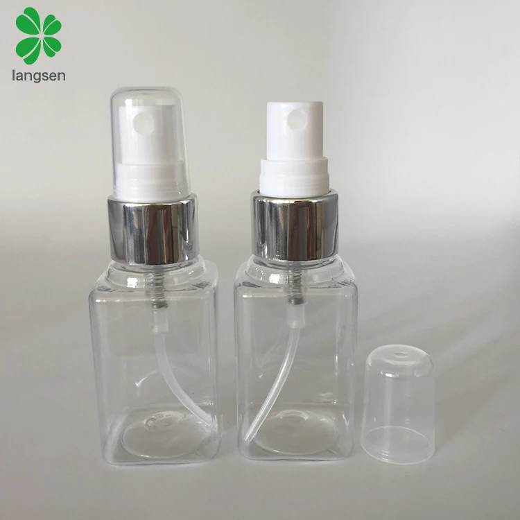Refillable transparent plastic PET 40ml square perfume spray bottle with silver spray cover cap
