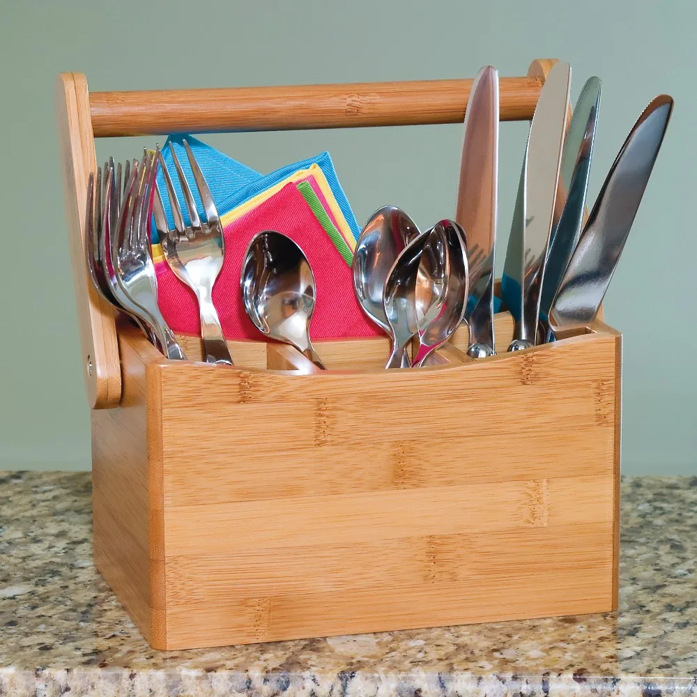 bamboo utensil caddy with folding handle