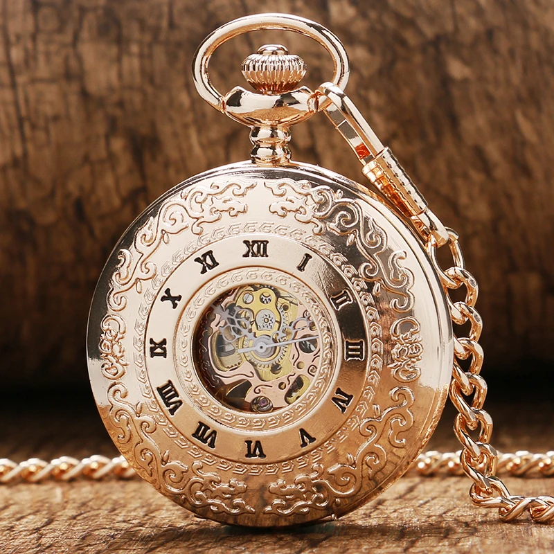 New Arrival Luxury Rose Gold Roman Numeral Hollow Case Design Skeleton Mechanical Pocket Watch 30cm Chain Creative Unisex Gifts 2017 2018 for Men Women (2)