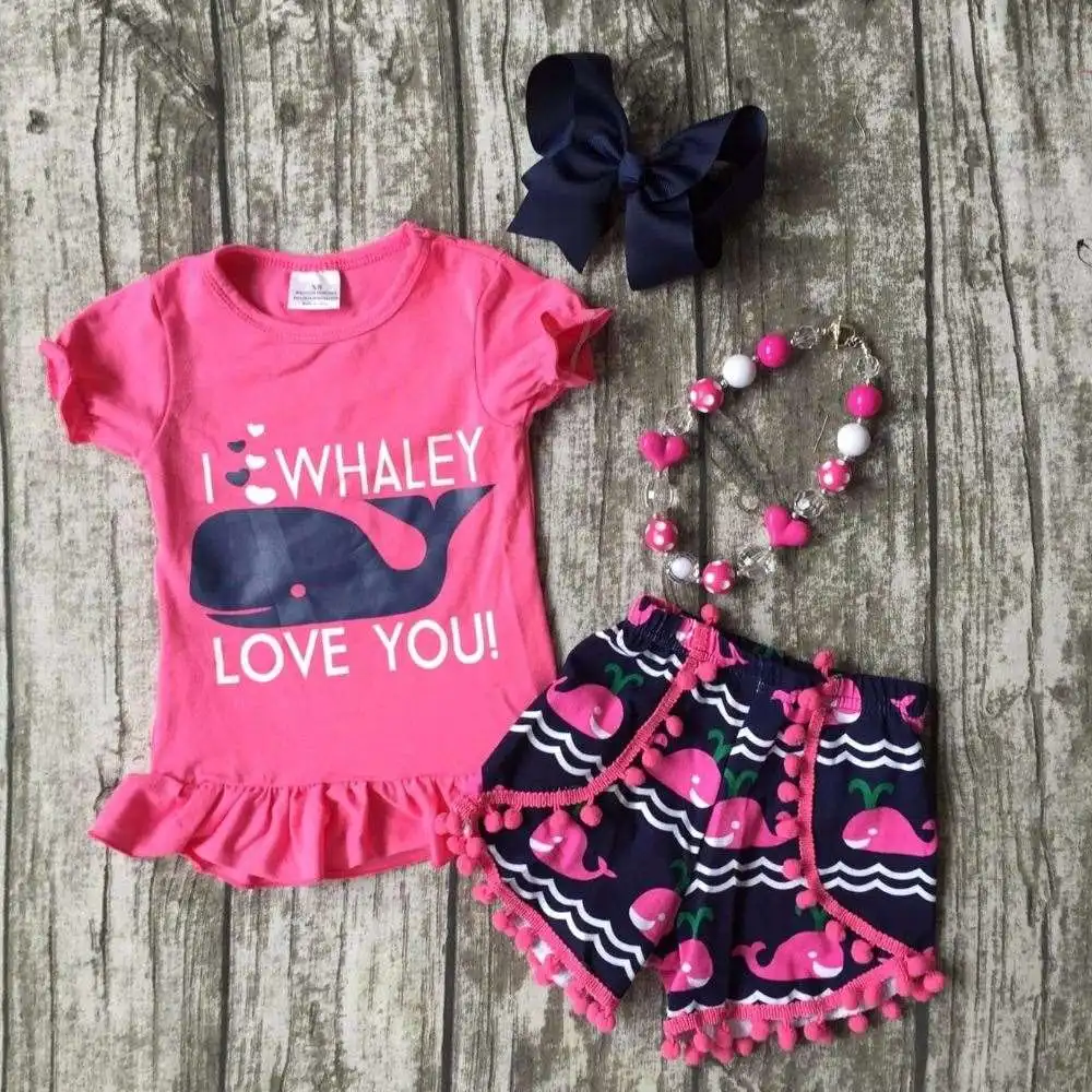 baby girls shorts sets boutique outfit cute hot pink I whale love you summer cotton chevron clothes macth with necklace and bow