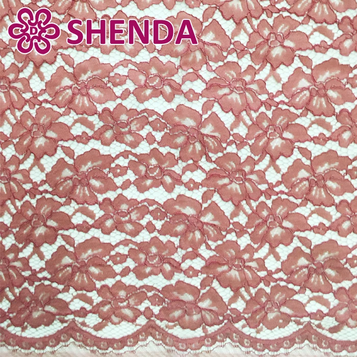 new design wine cord lace fabric coral color style with scallop