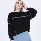 women's crewneck pullover black color dropped shoulder Zipper embellished Letter pattern printed sweatshirt