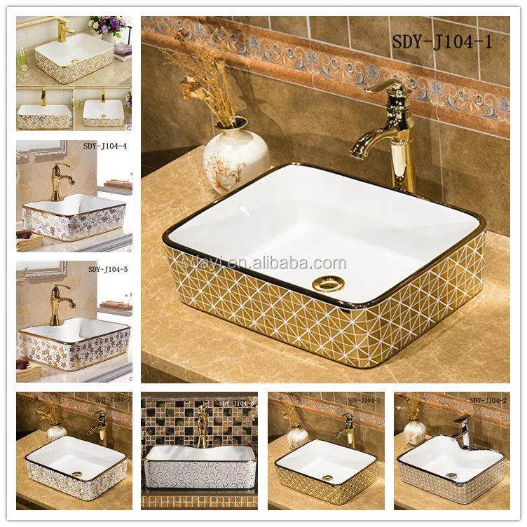 Ceramic Bathroom Golden Color Hand Wash Basin Gold Plate Wash Basin