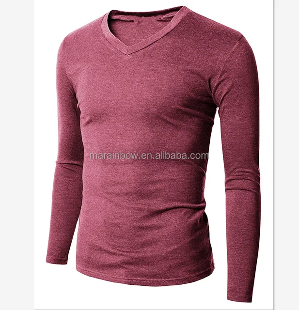 blank design long sleeve heather cotton spandex v-neck t-shirt