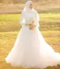 Newest Elegant Ball Gown Big Boobs Beadings Lace Long Sleeve Muslim White Wedding Dress