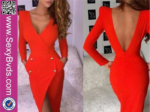 Sexy Deep V-Neck Long Sleeve Backless Bodycon Bandage Dress