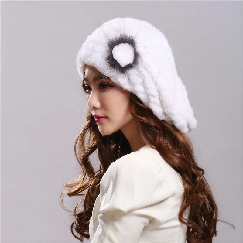 Winter Hat  Women's Genuine Rex Rabbit Fur Hats Beanies Warm Casual Female Knitted Natural Fur Hat Caps  (25)