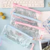 Transparent Clear Zipper Bag with Heart Sequins PVC Zipper School Pen Bag Pencil Pouch