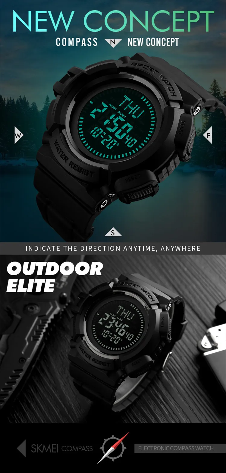 Skemi New Concept 5tam Waterproof Compass Watch Digital In Wristwatch For Men