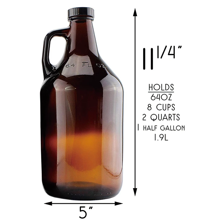 Amber Glass Growler Jugs 64-OunceHalf Gallon (2-Pack) w Black Phenolic Lids, Great for Kombucha, Home Brew, Distilled Water