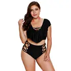 V neck plus size women swimsuit Pure color ruffle design two-piece swimwear