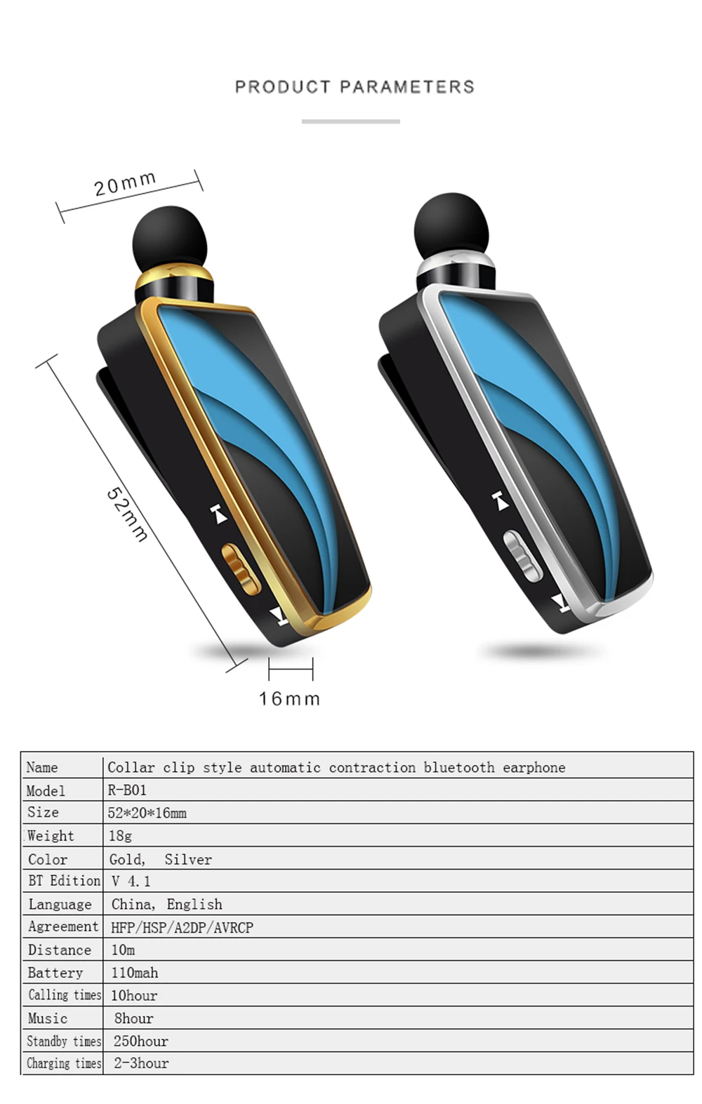 R-B01 4.1 Lapel Type Automatic Cable Single Ear Business Bluetooth Headset Lapel Wireless Bluetooth Headset - ANKUX.COM