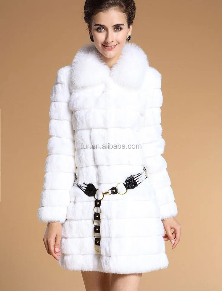 Qd11807 Genuine Sheared White Rabbit Fur Coats Women With Fox Fur ...